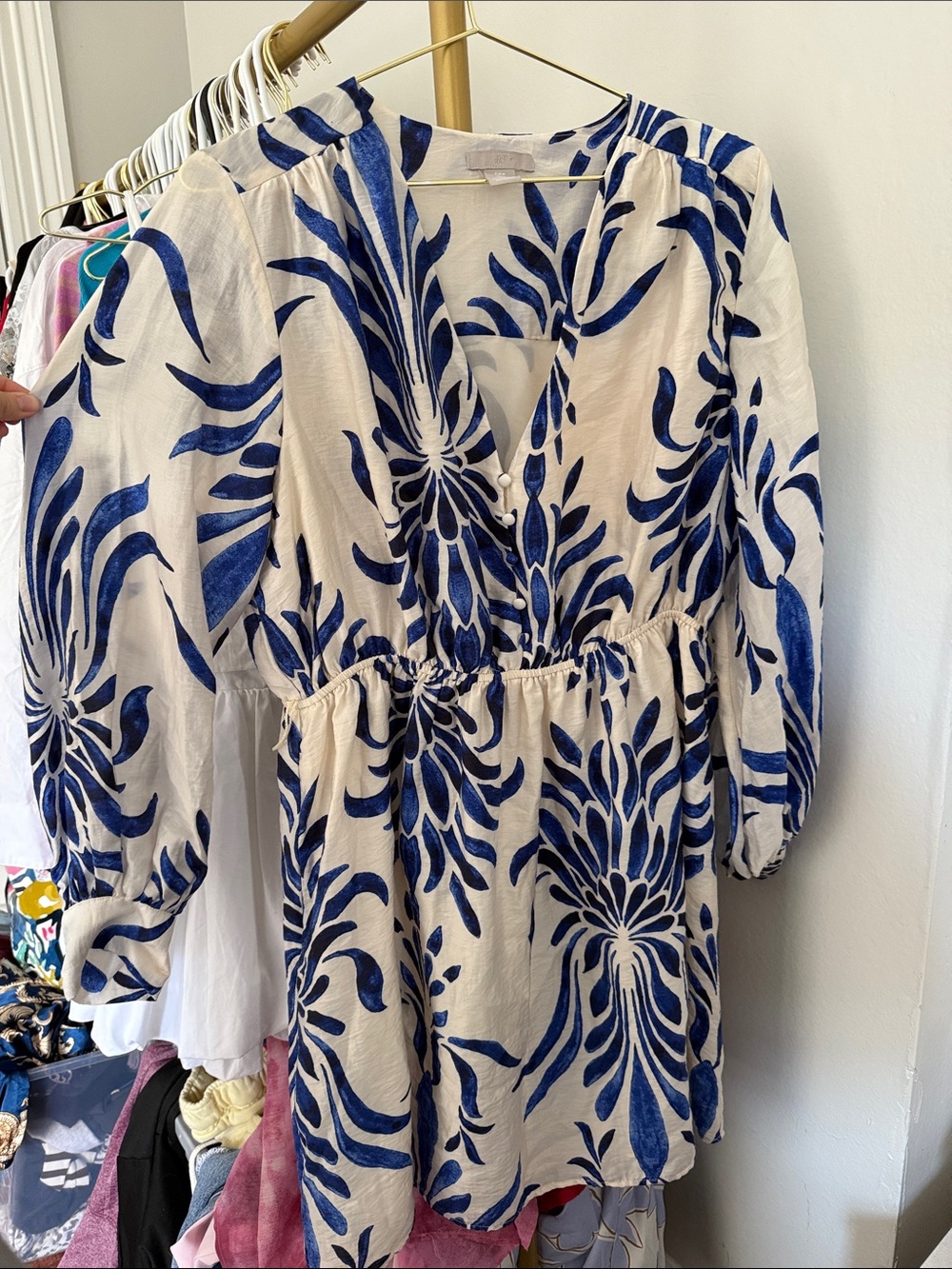H&M White Mini Dress with Blue Botanical Print